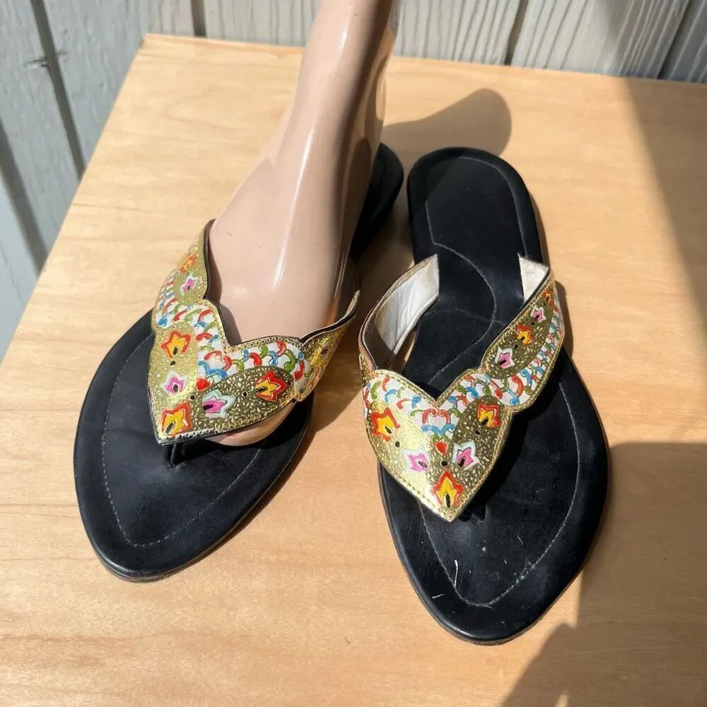 Vintage Indian Leather Sandals – Hand-Painted Gold Enamel – Size 7
